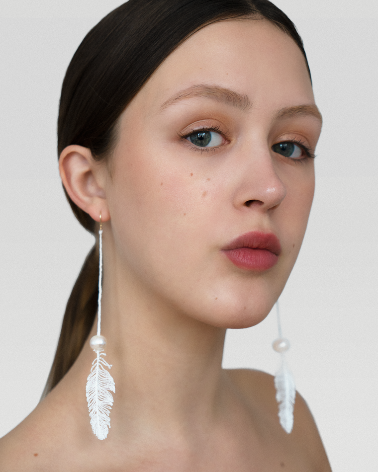 Long feather lace earrings with freshwater pearls