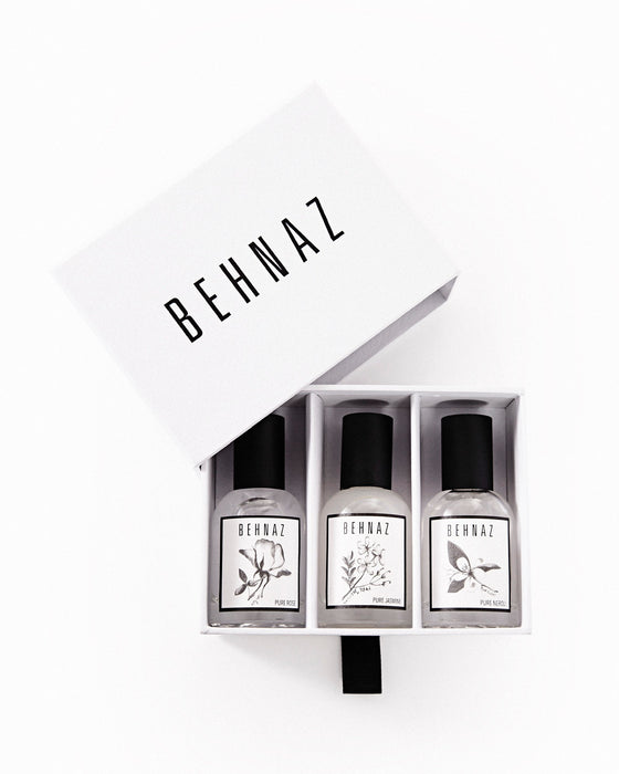 Fragrance flight.  Fragrance gift box. Perfume gift box. Behnaz natural fragrances. Botanical fragrances. Clean beauty perfume . Natural perfume . Travel size perfume